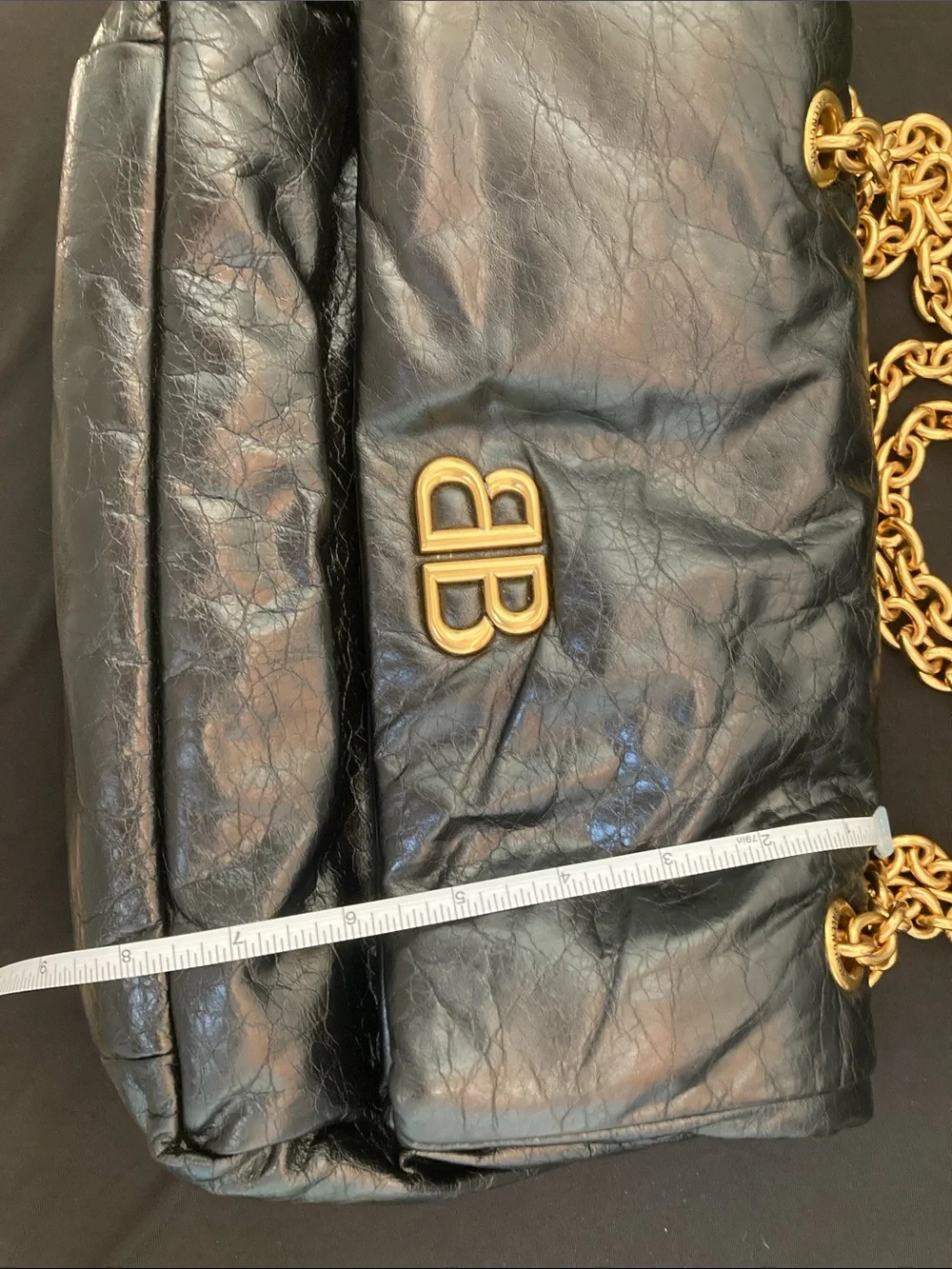 Balenciaga Black Leather Shoulder Bag with Gold Chain